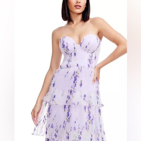 Dress The PopulationLayana Floral Tiered Bustier Gown Lavender Strapless, Large - Picture 2 of 11